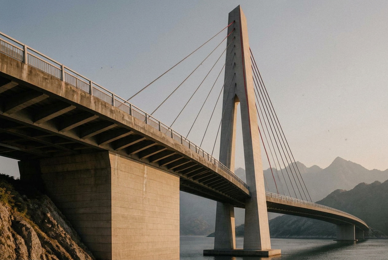 A cable-stayed bridge at golden hour with a single red accent cable