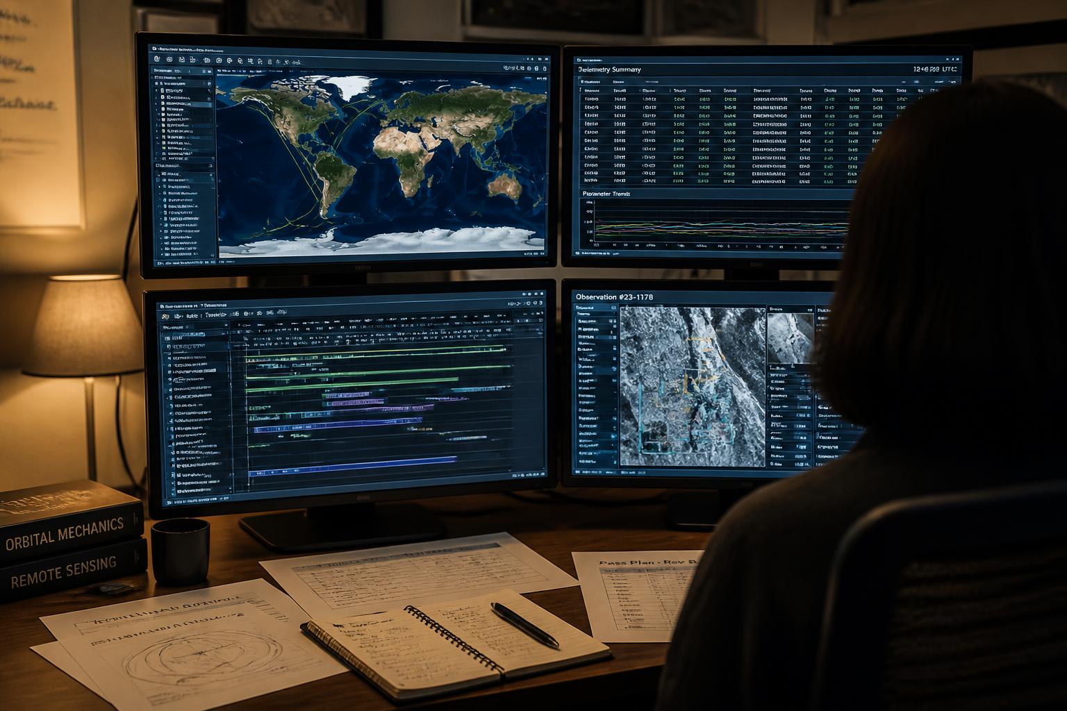 A mission analyst reviewing aerospace mission-analysis software across multiple displays